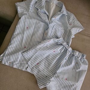 Source Unknown Blue & White Striped Star-Embroidered Short Pajama Set